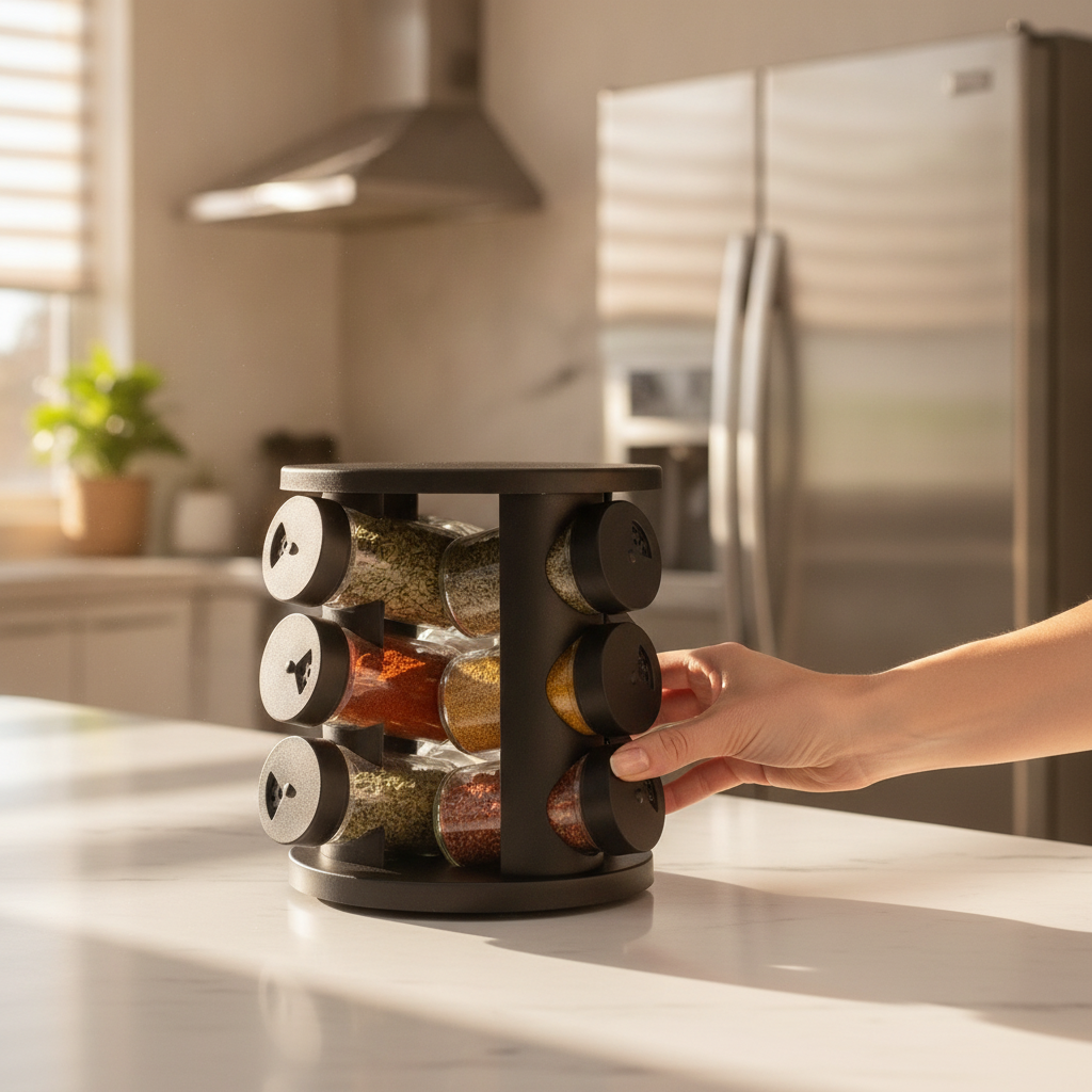 Especiero giratorio negro en cocina chilena moderna encimera marmol