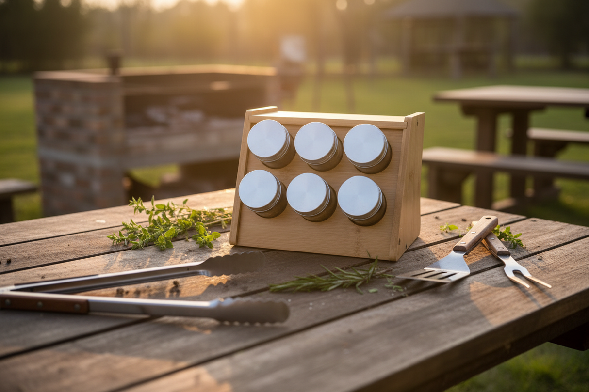 Organizador especiero madera 6 frascos cocina moderna chilena encimera mármol