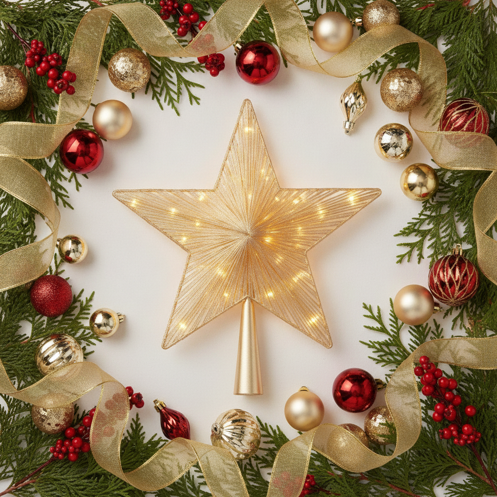 Flat lay estrella navidad LED dorada ramas pino adornos navidad composicion