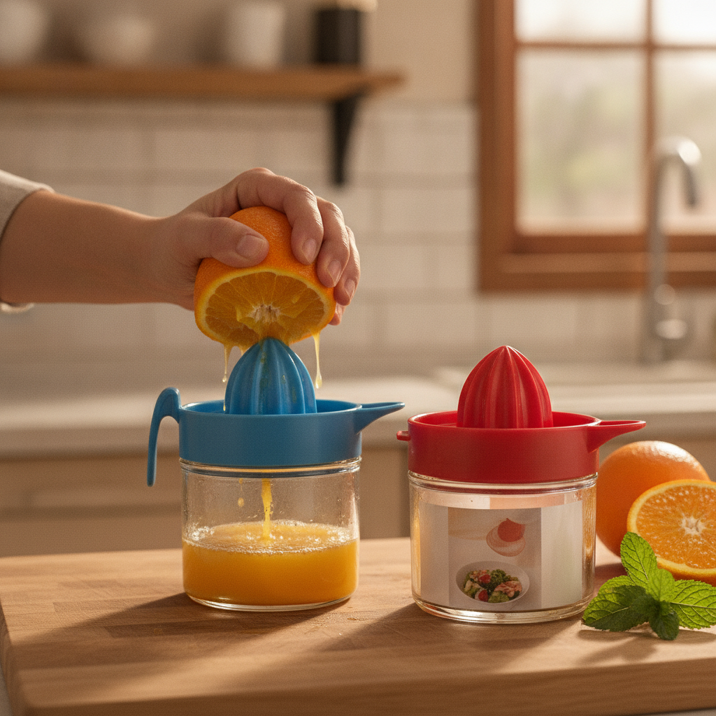 Persona exprimiendo naranja exprimidor vidrio 300mL cocina hogar