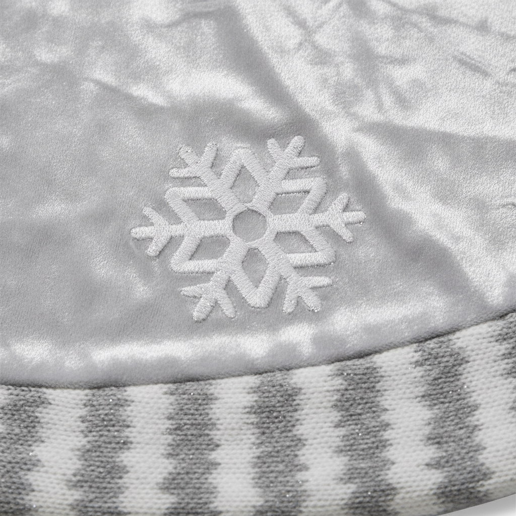 Detalle textura terciopelo plateado copos nieve bordados faldon navideño
