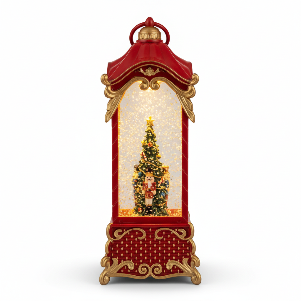 Farol navideño agua musical LED rojo dorado 33cm vista frontal