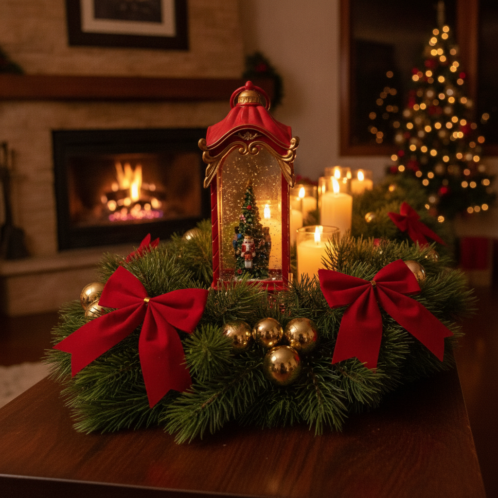 Lampara navideña agua y musica sobre chimenea decorada navidad