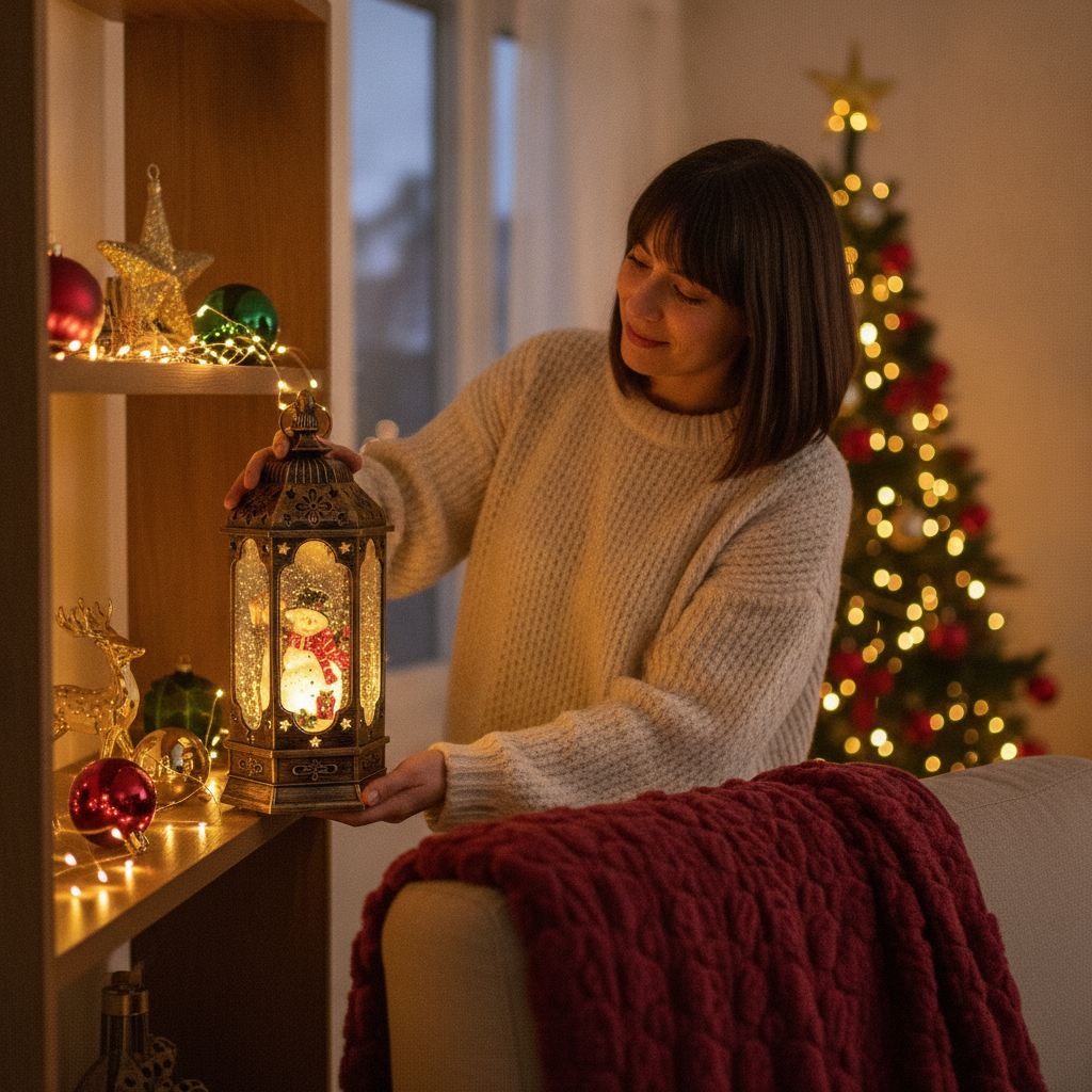 Mujer decorando living chileno con farol navideño muñeco nieve luminoso