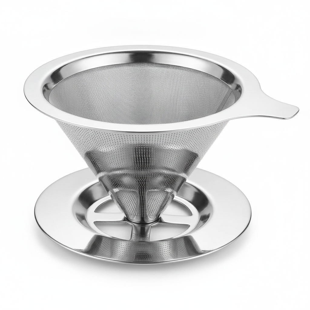 Filtro café reutilizable acero inoxidable pour over con base vista frontal fondo blanco