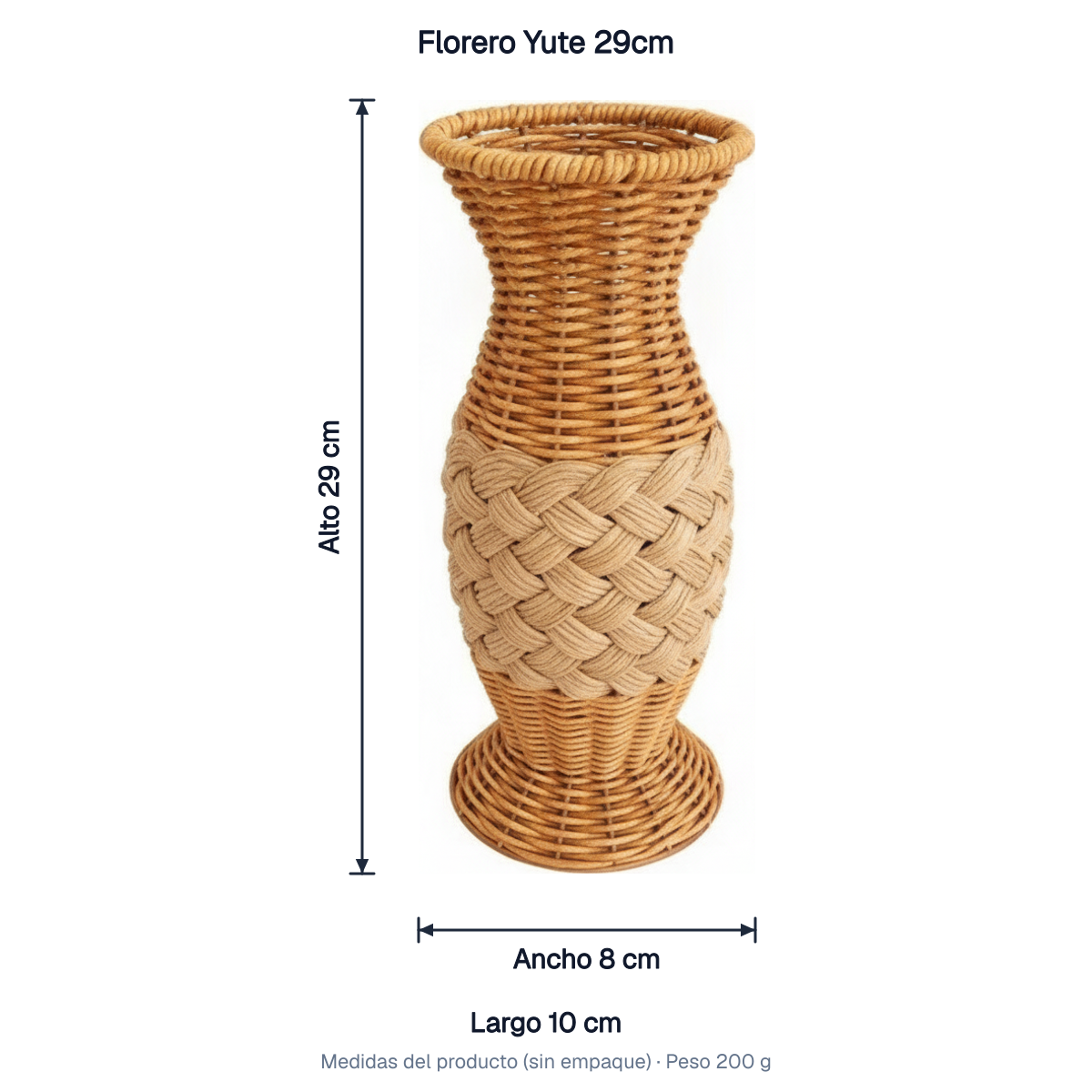 Florero Yute 29cm medidas: alto 29 cm, ancho 8 cm, largo 10 cm, peso 200 g