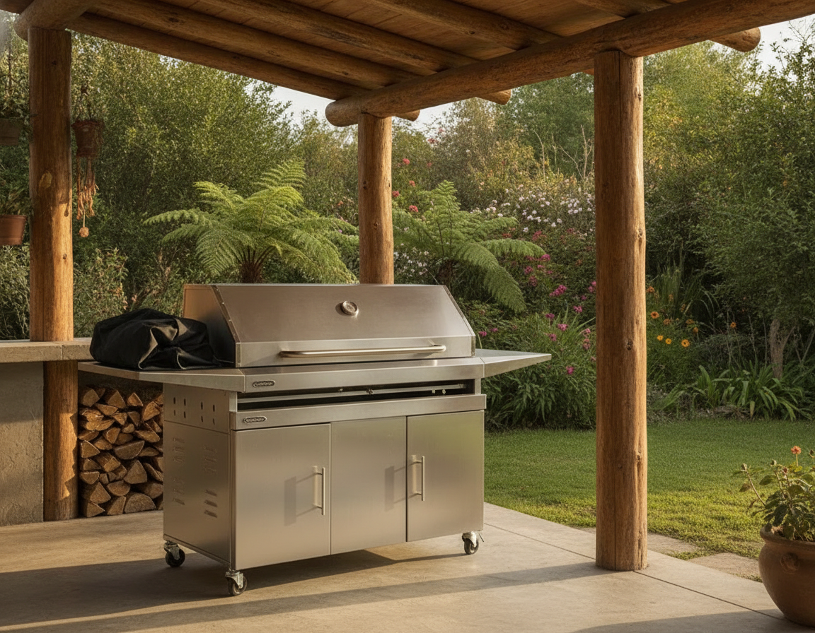 Hombre colocando funda protectora asador parrilla jardín chileno