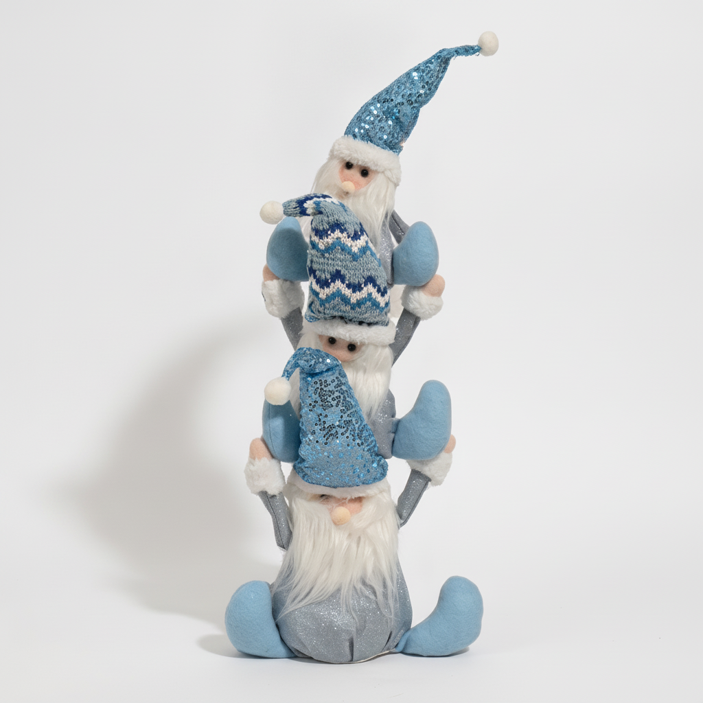Torre 3 gnomos navideños 60cm azul plata peluche vista frontal completa