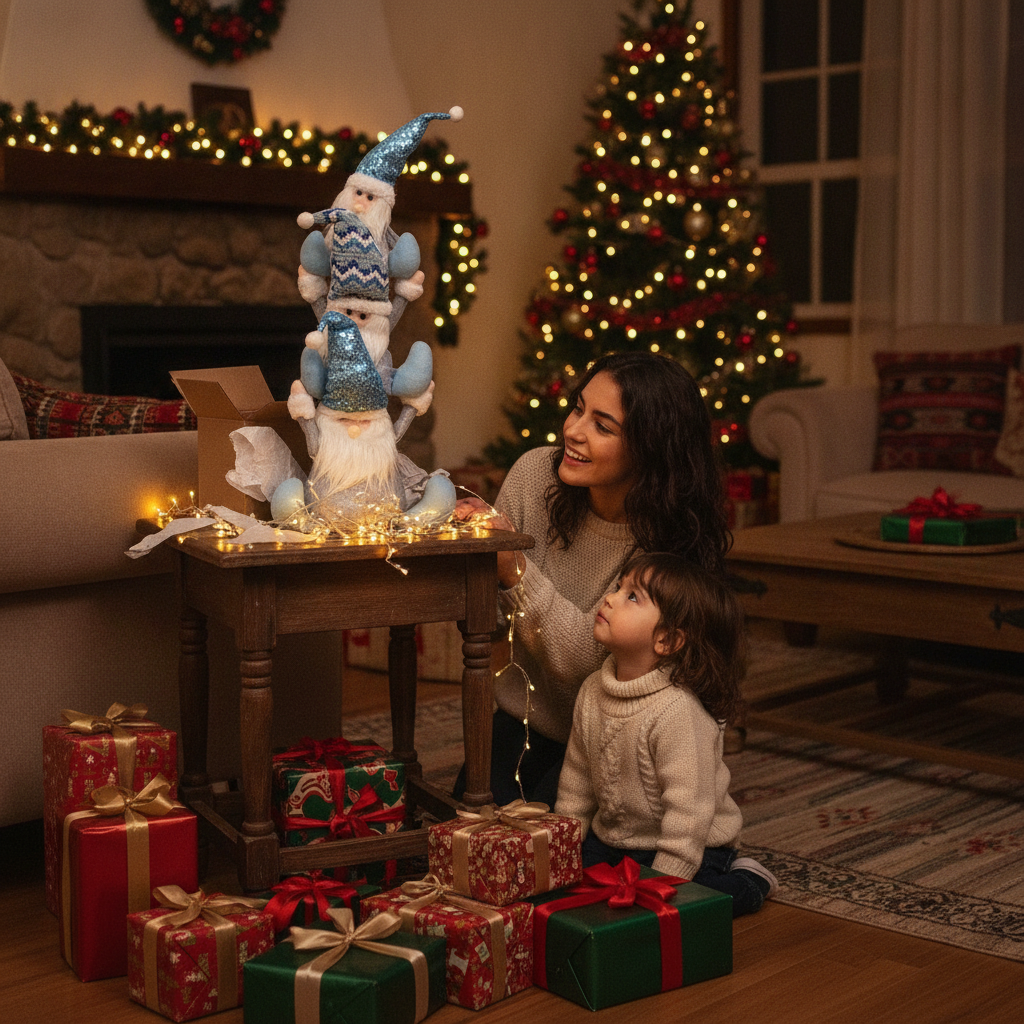 Torre gnomos navideños azul decorando living chileno en Navidad regalo