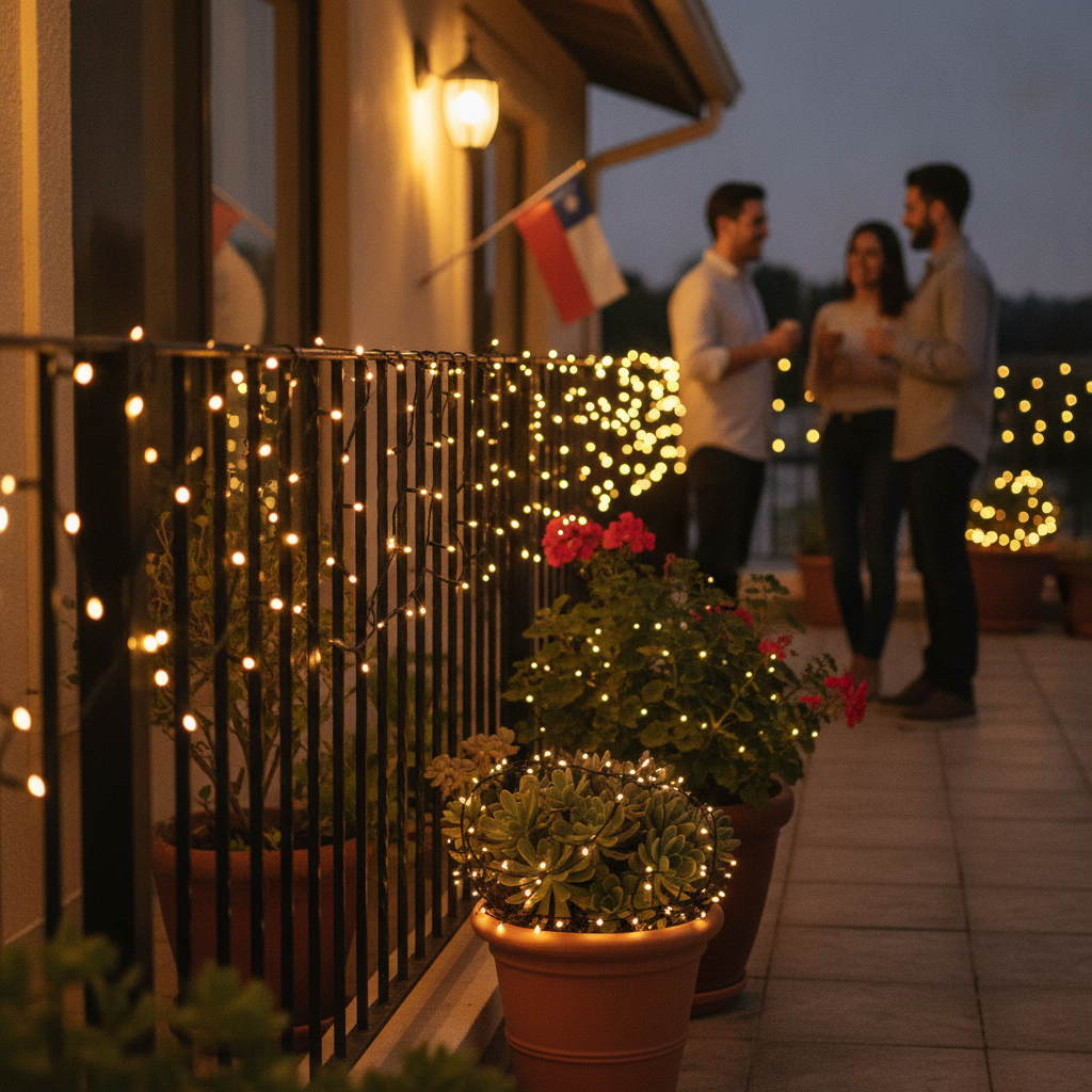 Luces solares guirnalda decoración Fiestas Patrias terraza jardín chileno