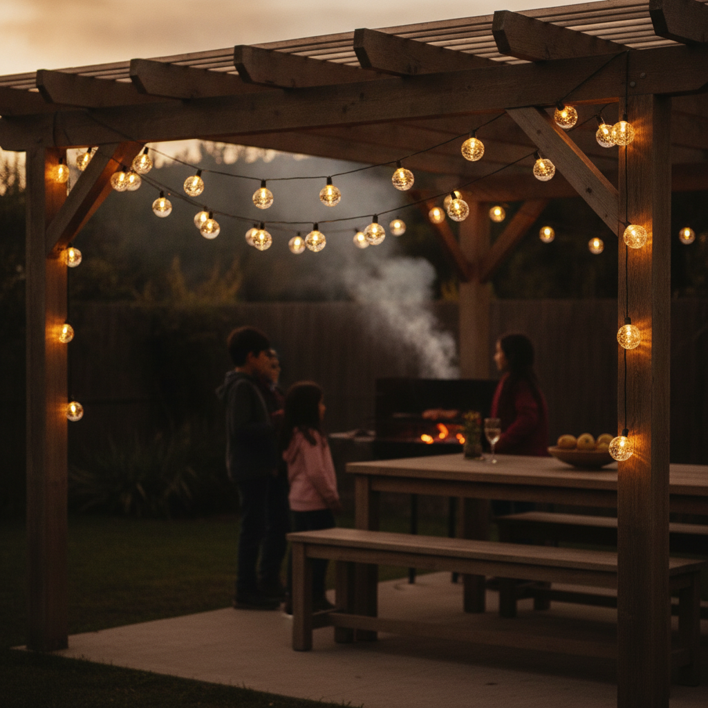 Guirnalda luces bolitas cristal decorando quincho chileno con parrilla al fondo