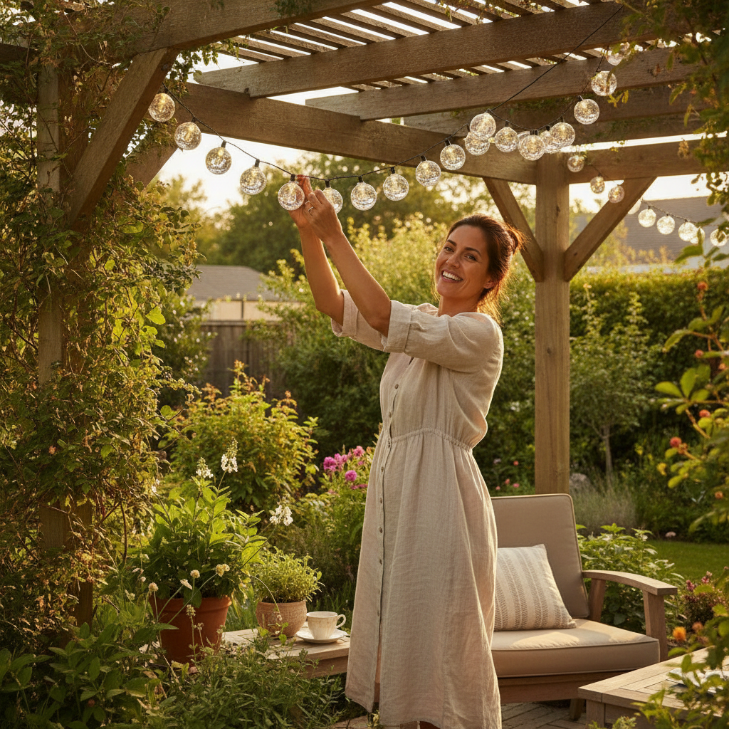 Mujer instalando guirnalda solar luces bolitas cristal en pérgola jardín exterior
