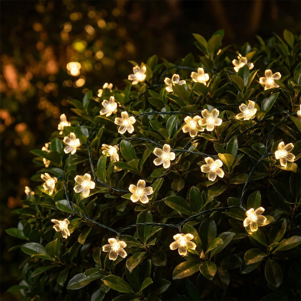 Guirnalda flores LED decorando jardín chileno al atardecer luz cálida