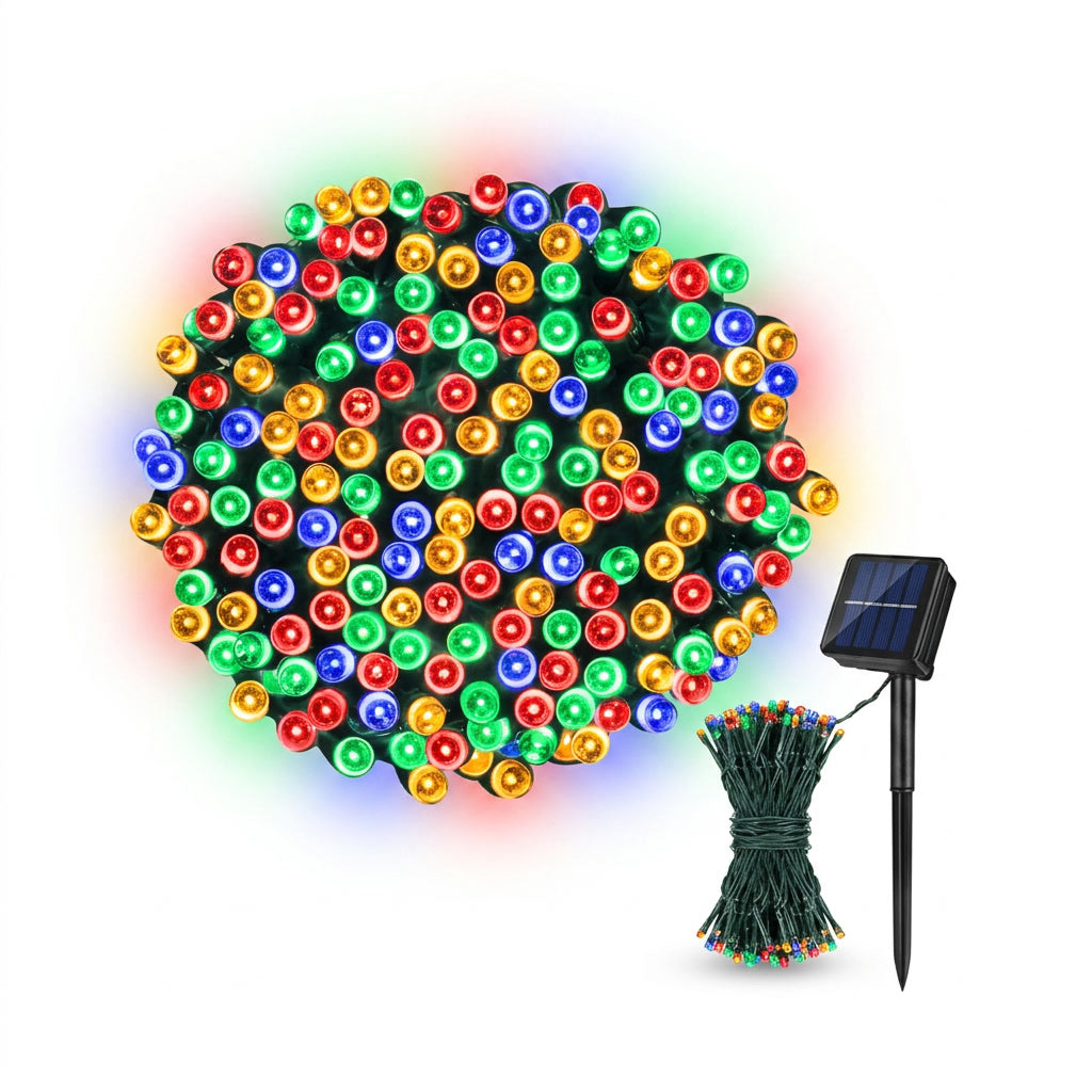 Guirnalda solar 300 LED multicolor 32m con panel solar vista frontal producto