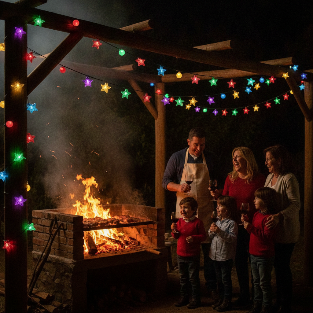 Luces solares estrellas y esferas en quincho chileno Fiestas Patrias