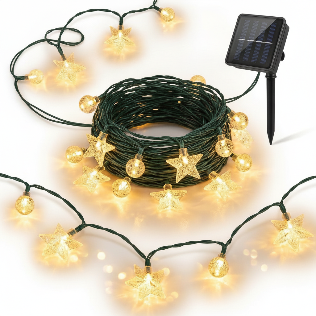 Guirnalda solar LED estrellas esferas luz cálida cable verde vista frontal