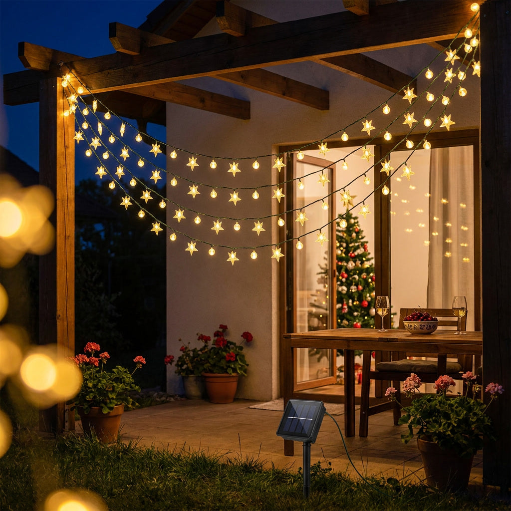 Guirnalda solar luces LED decorando terraza chilena exterior noche
