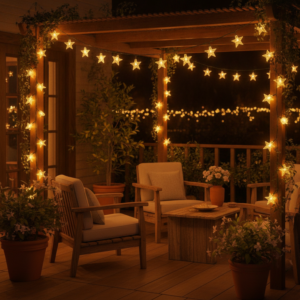 Guirnalda solar luces LED decorando terraza chilena exterior noche