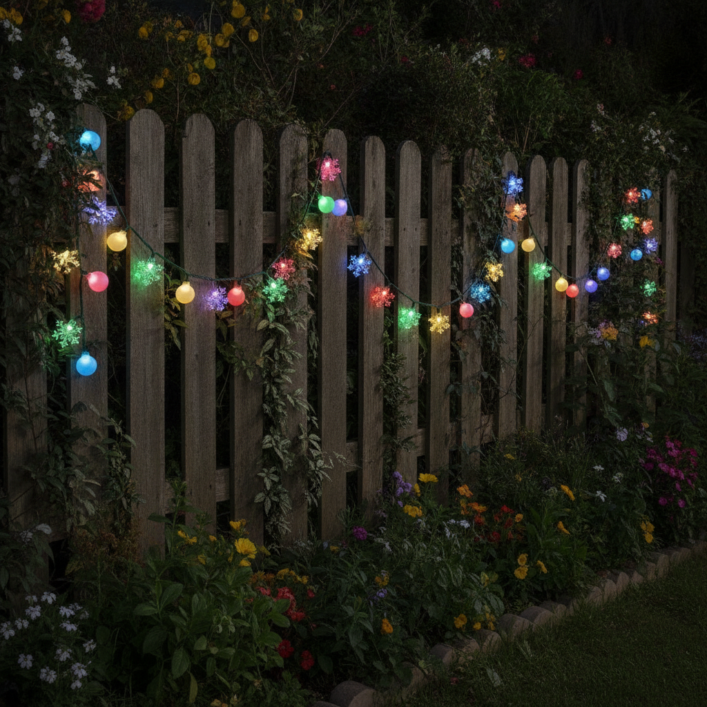 Guirnalda LED solar colores jardín chileno cerca madera exterior festivo nocturno
