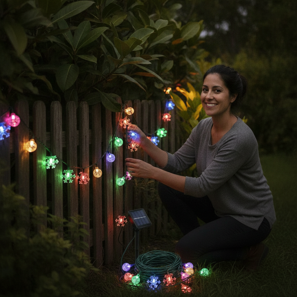 Mujer instalando guirnalda solar LED multicolor en jardín exterior Chile