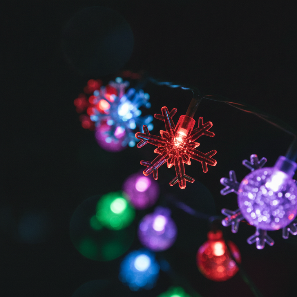 Detalle close-up LED copo de nieve y esfera multicolor guirnalda solar