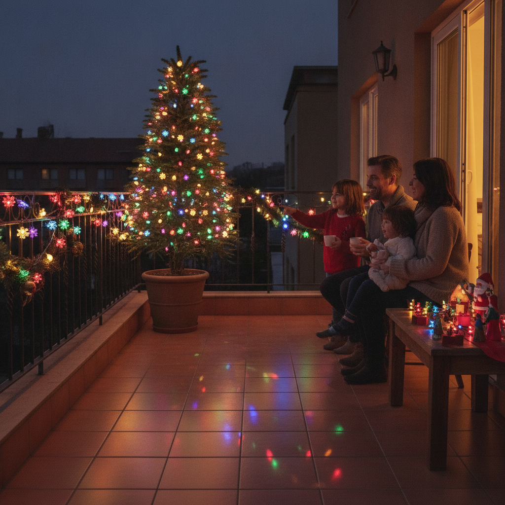 Luces solares navideñas multicolor en terraza chilena de noche