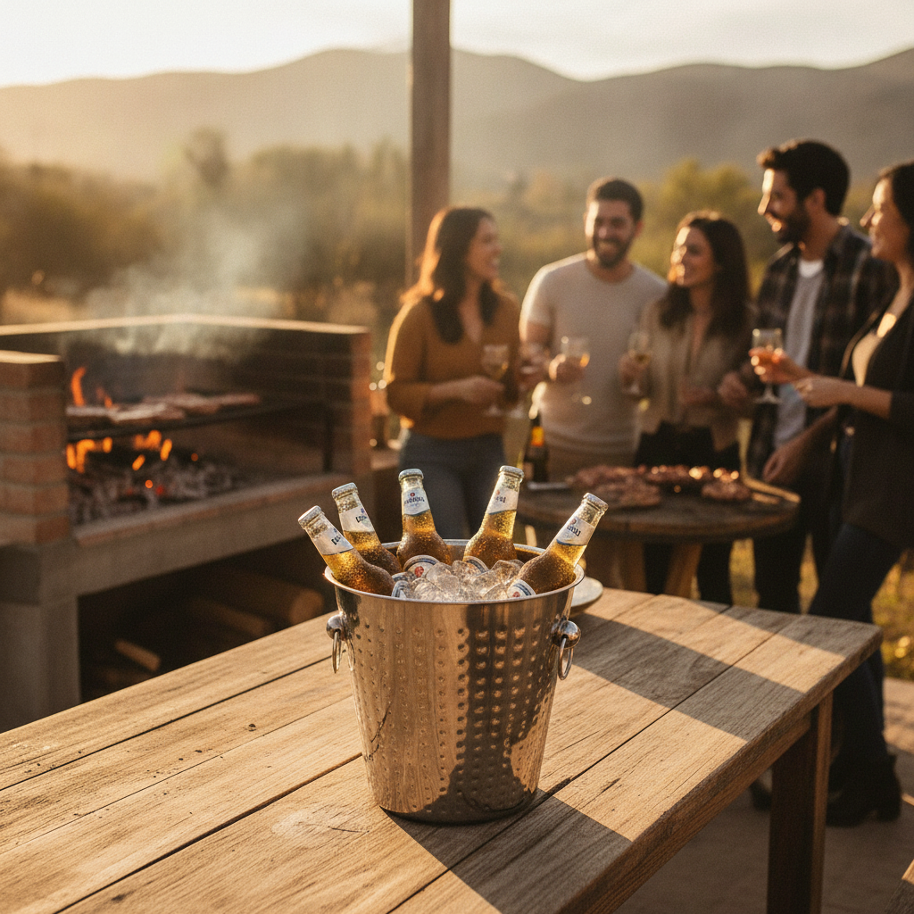Hielera metalica balde cervezas asado chileno quincho mesa madera