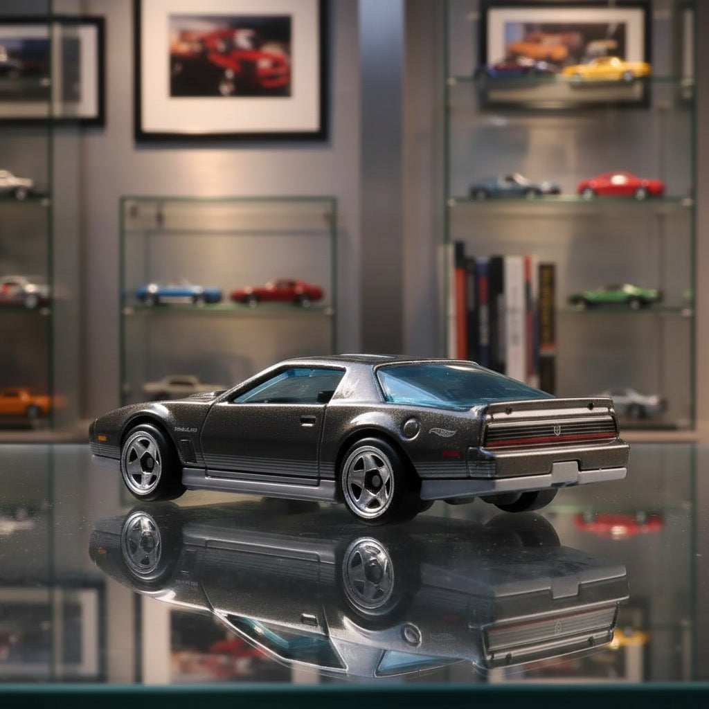 Vista frontal del Pontiac Firebird 1984 Hot Wheels negro con emblema Firebird en capó