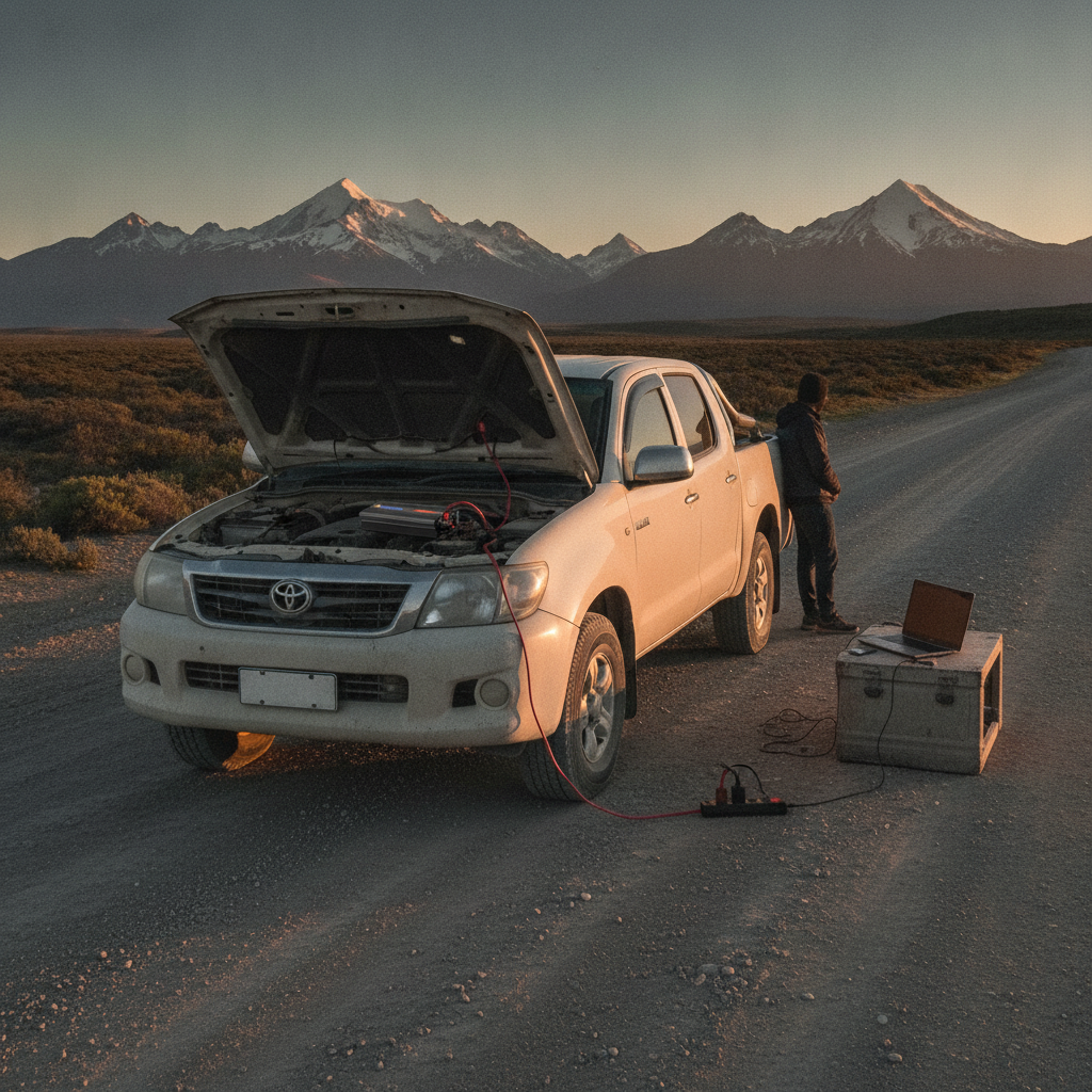 Inversor portátil camping Chile alimentando laptop lámpara dentro carpa nocturna