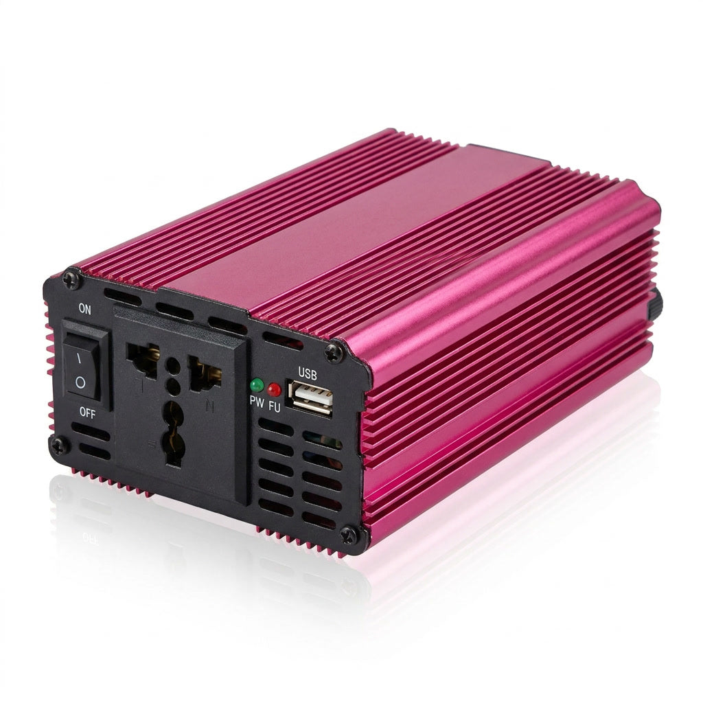 Inversor de corriente 500W 12V 220V Olsace aluminio rojo vista frontal