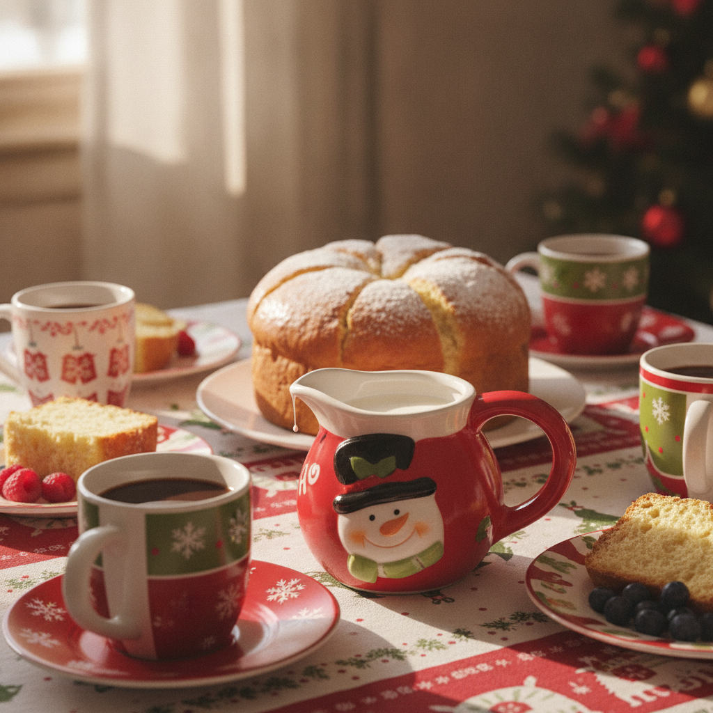 Lechera cerámica navideña roja sobre mesa desayuno familiar chilena Navidad