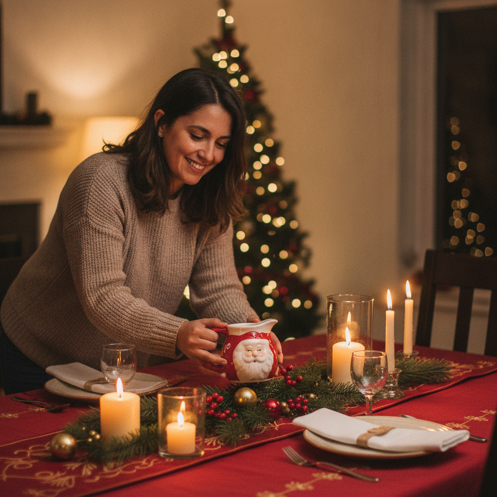 Mujer chilena decorando mesa navideña con jarra ceramica Viejito Pascuero