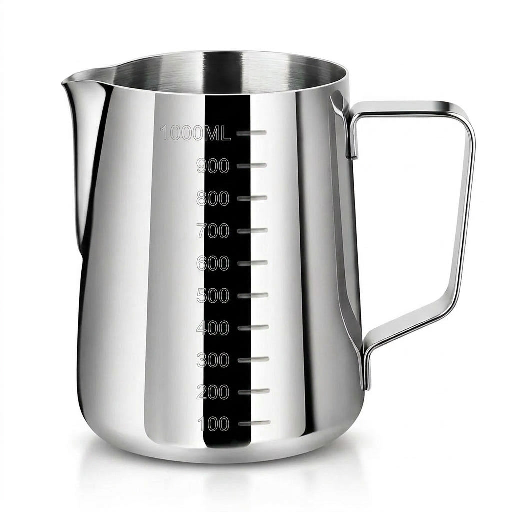 Jarra lechera acero inoxidable 1000mL medidor barista vista frontal fondo blanco