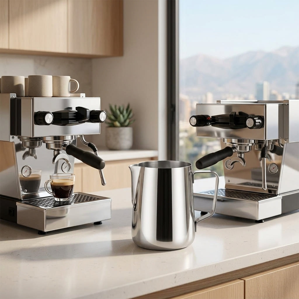 Jarra espumador leche inoxidable junto máquina espresso cocina moderna