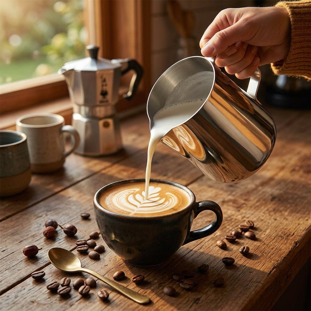 Mujer barista preparando capuchino con jarra lechera acero 2000mL en casa