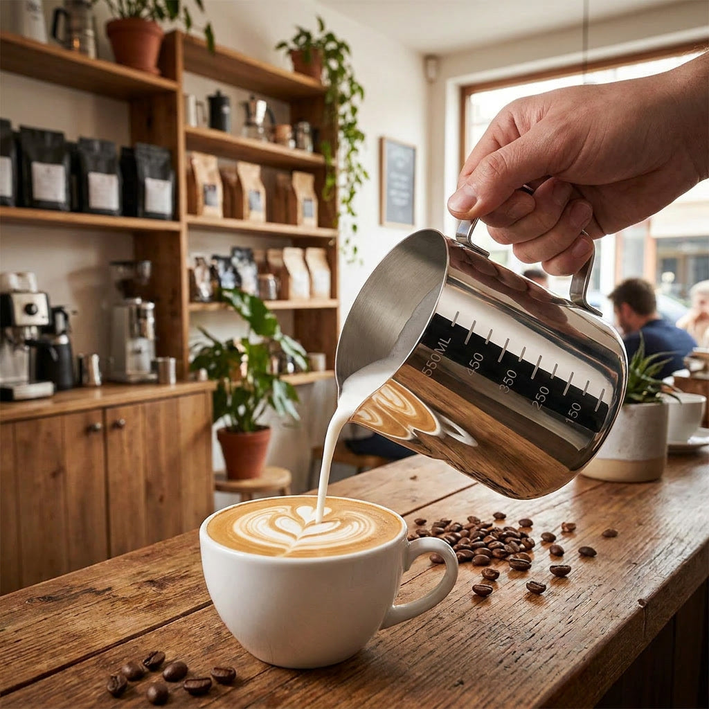 Jarra barista acero inoxidable sobre mesón cocina moderna apartamento Santiago