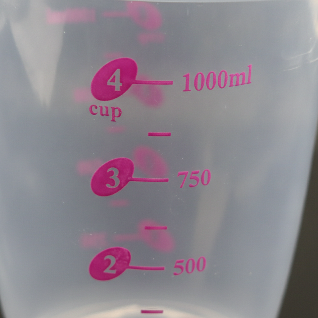 Detalle escala graduada jarra medidora plastico rosa mililitros cups primer plano