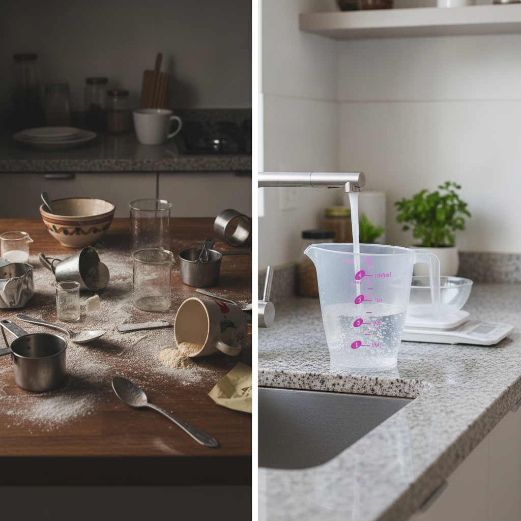 Comparacion antes despues uso jarra medidora plastico 1000ml cocina ordenada precisa