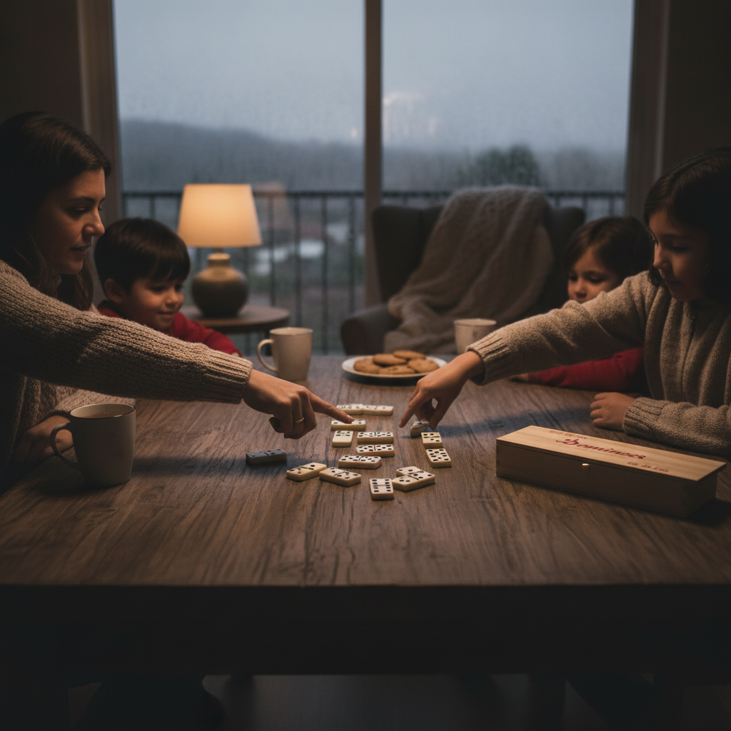 Juego de mesa domino familia jugando living chileno fichas desplegadas