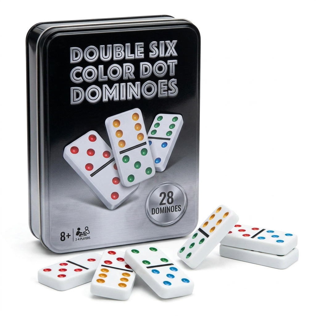 Juego de mesa dominó doble seis caja metálica vista frontal blanca