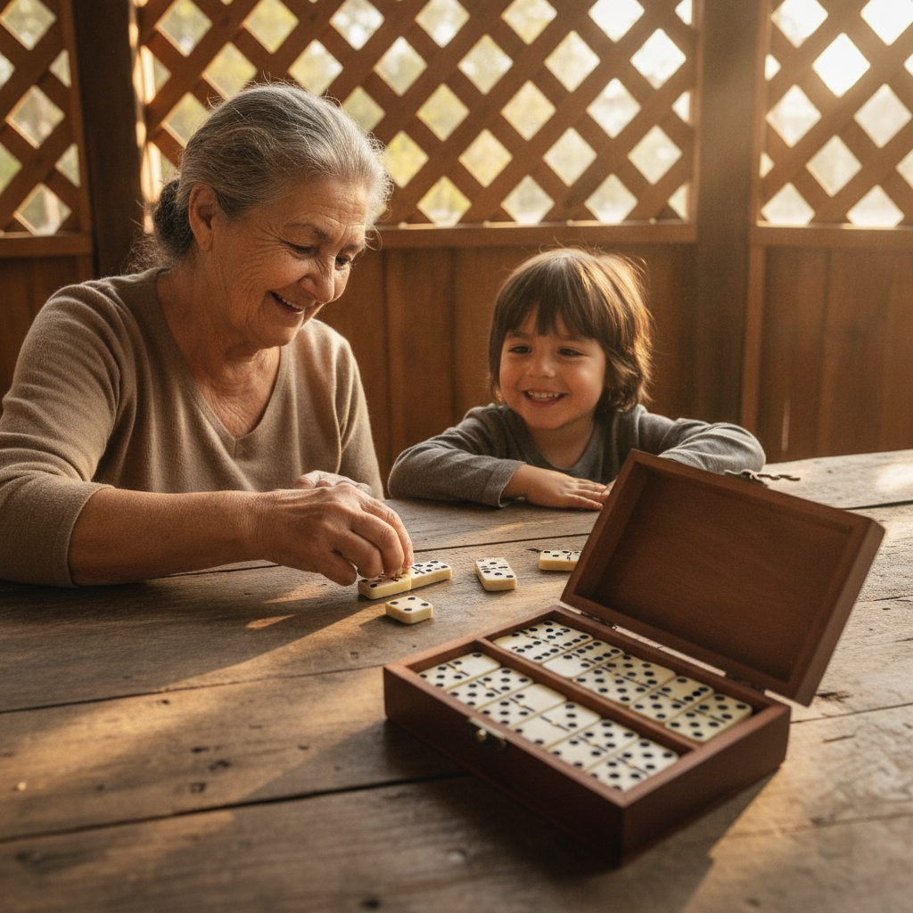 Juego domino familiar abuela niño mesa quincho chileno
