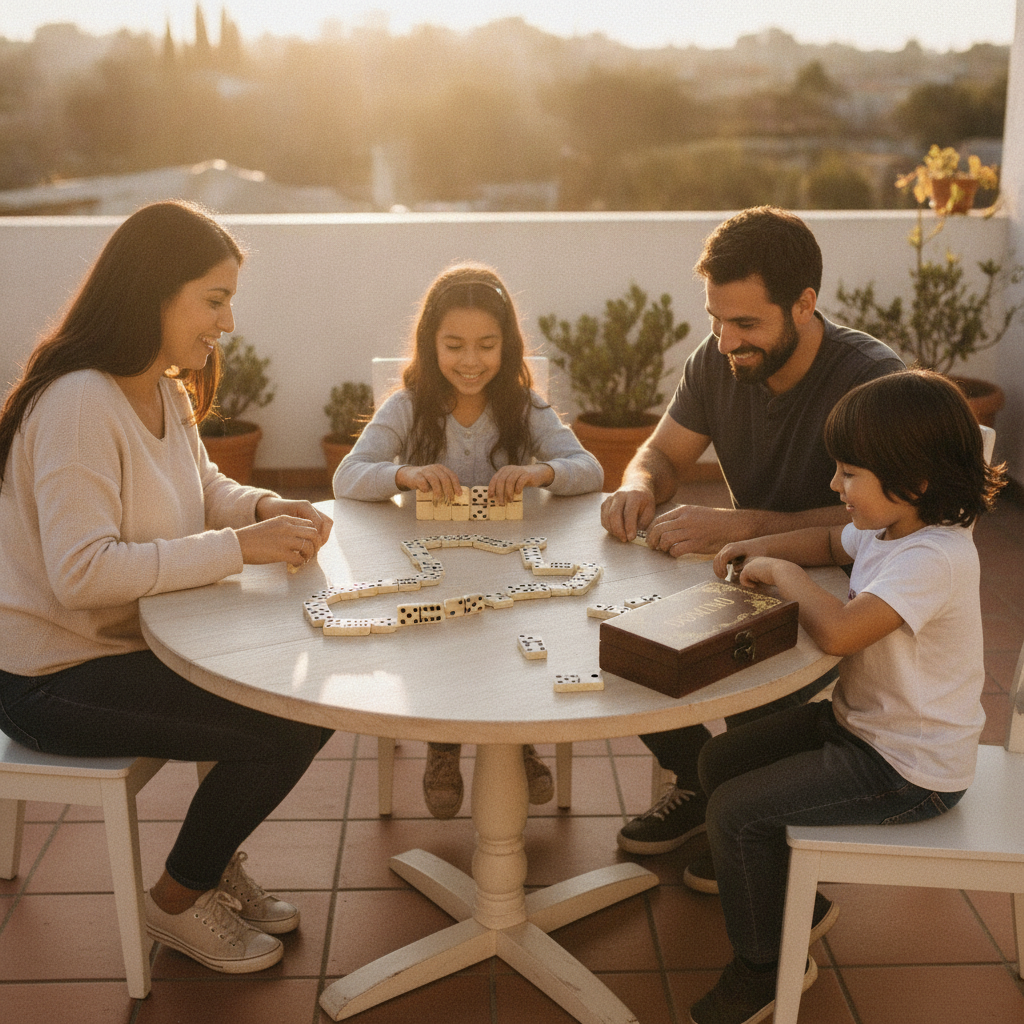Familia jugando domino terraza hogar chileno tarde soleada