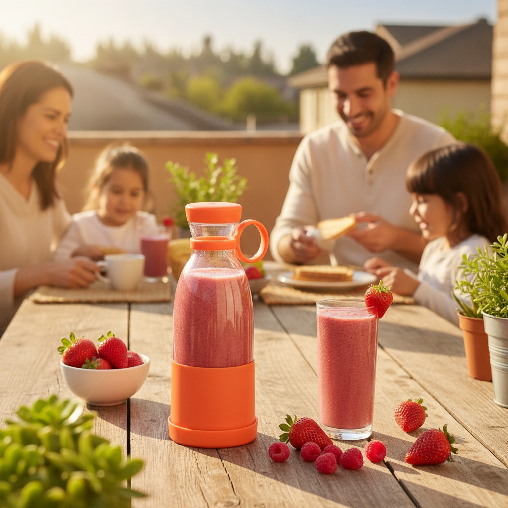 Licuadora portatil recargable USB en desayuno terraza hogar chileno con frutas frescas