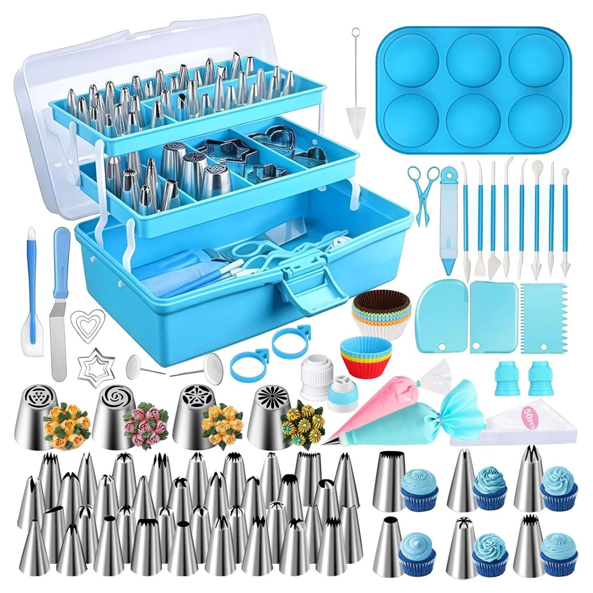 Set pastelería 236 piezas kit decoración repostería maletín azul vista frontal