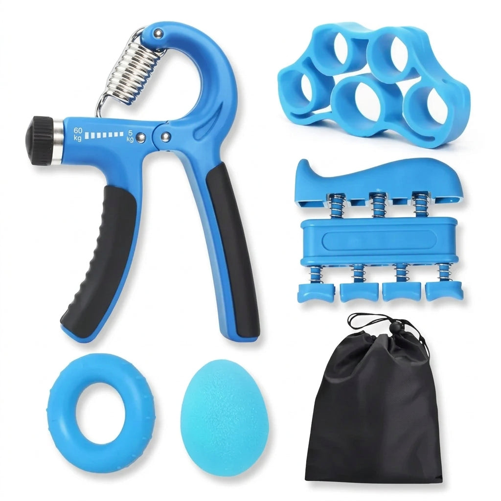 Kit fortalecedor manos 5 piezas azul con bolso vista frontal completo