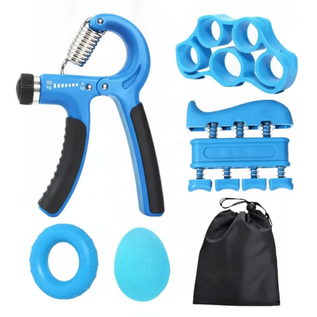 Kit fortalecedor manos 5 piezas azul con bolso vista frontal completo