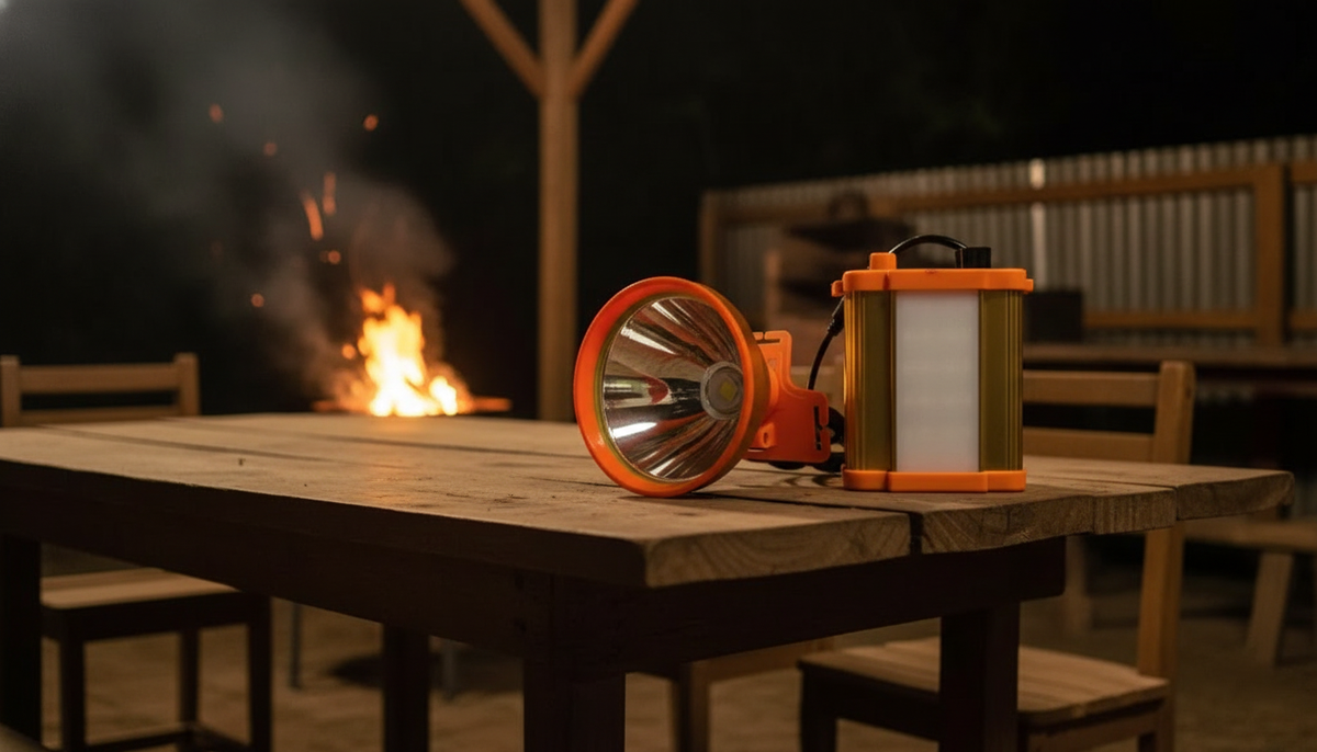 Linterna cabeza recargable naranja quincho asado chileno noche camping
