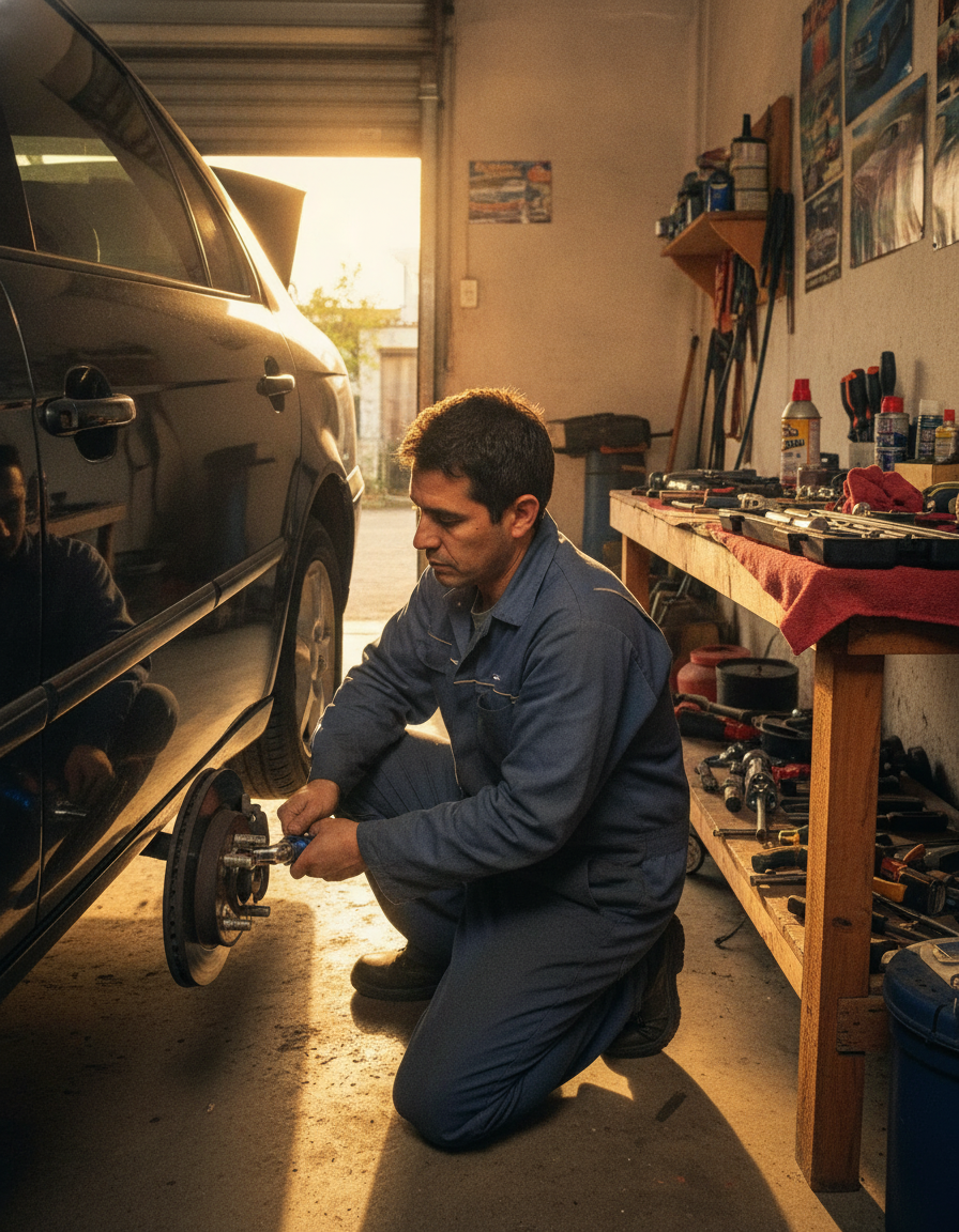 Manos usando llave dinamométrica motor automóvil taller mecánico profesional