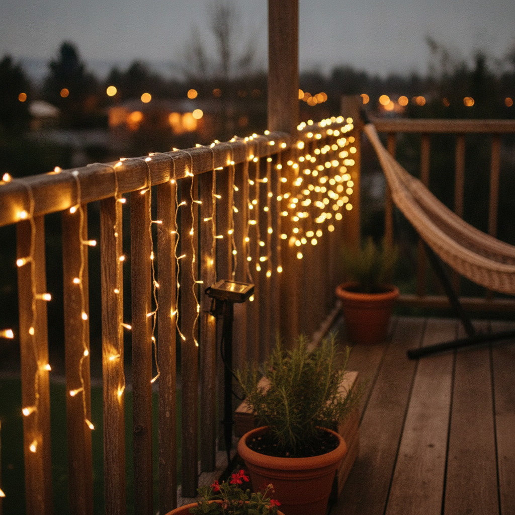 Luces cascada LED cálido terraza exterior hogar chileno atardecer