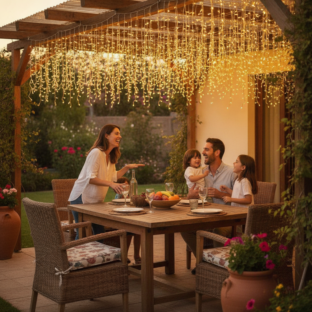 Familia chilena en terraza decorada con luces solares cascada cálidas